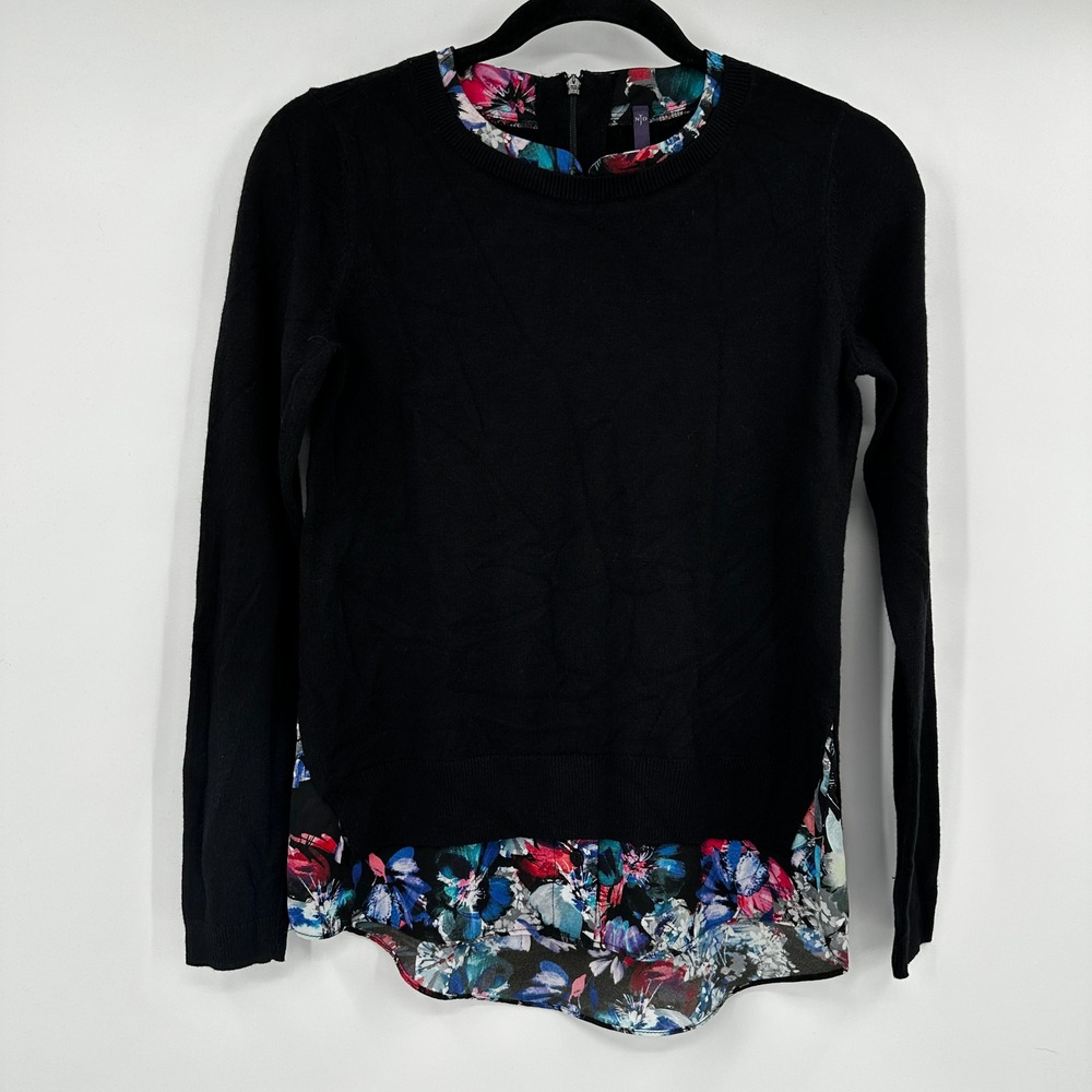 NYDJ‎ Black Layered Look Mixed Media Floral Knit Sweater Top PXXS Chic Preppy